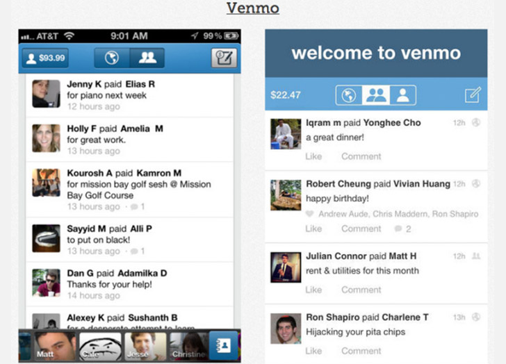 אפליקציית השתשלום VENMO  בעיצוב מינימלי וכפתורים שטוחים