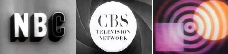 מימין לשמאל: "תחילת האבסטרקטיקה" (1946-57) של אוסקר פישינגר, אנימציה ללוגו של CBC בשנות ה-50 ומשמאל אנימציה ללוגו של NBC בשנות ה-50 גם כן.